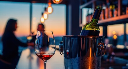 Wine bottle and glass on a bar counter at sunset, with blurred people in a modern rooftop bar