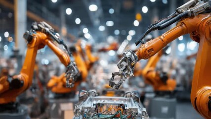 Orange industrial robotic arms assemble metal components on a busy automated manufacturing line.