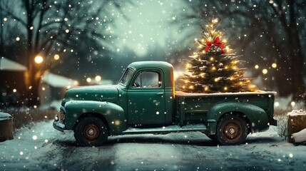 Antique green truck with Christmas tree, soft-focus glowing lights, snowy winter scene .