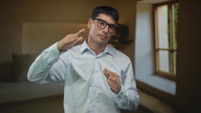Young hispanic man raises both hands to form a timeout gesture in a contemporary building room; pause break calm.