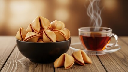Bowl filled with fortune cookies with predictions on wooden table beside cup of tea. Traditional dessert in restaurants for telling luck and nice message for customers in food industry