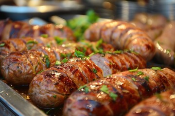 Delicious sausages garnished with fresh herbs, being served on a buffet tray, showcasing culinary expertise