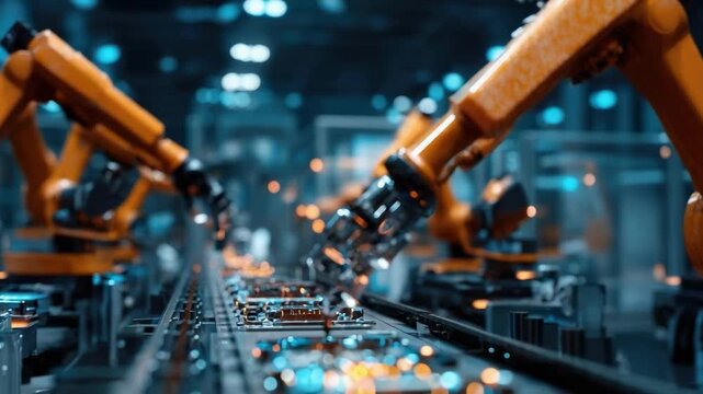 Industrial robotic arms assemble electronic boards on a fast-moving production line in a modern factory.