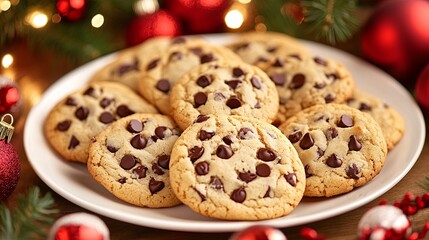 A close-up of a plate of freshly baked cookies with chocolate chips, surrounded by festive decorations. .
