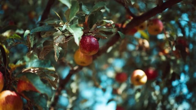 Ripe apples hanging from a leafy apple tree in an orchard.
