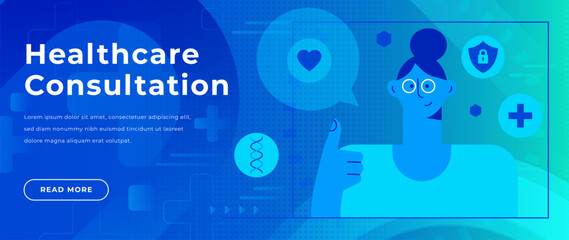 Abstract medical online consultation, telemedicine vector illustration on blue gradient background. Healthcare assistant professional silhouette surrounded by medical icon of DNA, cross, secure shield