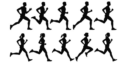 Male and Female Runners Silhouettes in Motion Sequence on White Background running