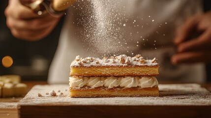 chef dusting powdered sugar on mille-feuille, elegant frame .