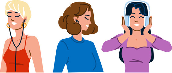 Diverse women enjoying music using various headphones devices