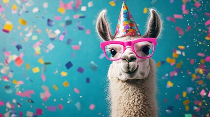Fototapeta premium A playful llama with pink glasses and a party hat, surrounded by colorful confetti. .