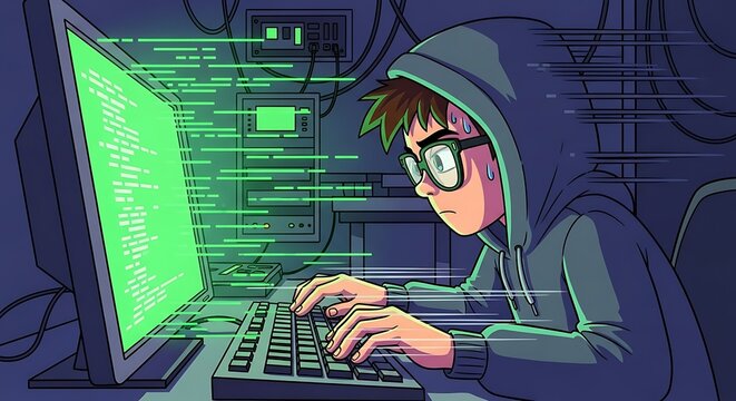 Young Hacker in Hoody Coding on Computer with Green Screen. - Powered by Adobe
