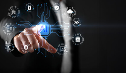 Businessman hand pointing at Artificial Intelligence Icon System on a futuristic digital interface with icons representing automation, data analysis, innovation, and network security.