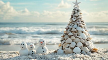 Christmas tree made of seashells on beach, sand snowmen, ocean backdrop .
