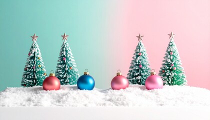 Christmas trees with star toppers and colorful ornaments on teal-pink gradient background.