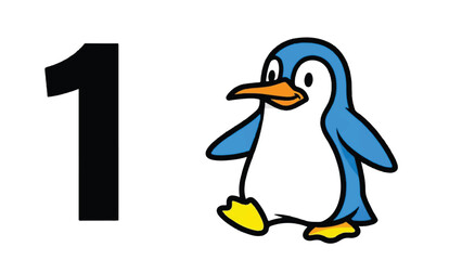 Obraz premium Cute cartoon penguin standing next to the number one.