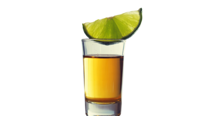 Celebrate with a golden tequila shot topped with fresh lime against a sleek black background for your next fiesta or party isolated on white background