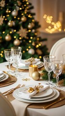 Fototapeta premium Elegant Christmas dinner table setting with festive decorations and glowing lights