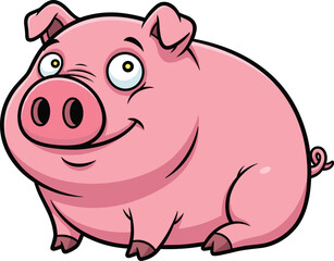 Cartoon pig sitting, pink animal, smiling face, expressive eyes, cute character, vector art, playful style, farm theme