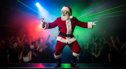 Santa Claus dancing at a lively Christmas party with champagne and colorful laser lights. Festive holiday celebration concept.