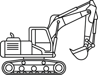 Excavator line drawing, black and white, construction equipment, bucket arm, tracked base, vector illustration, engineering sketch