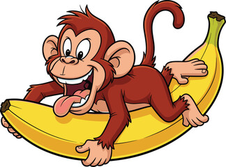Playful cartoon monkey hugging giant banana with silly expression