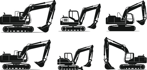 Set of excavator silhouettes in varied operational poses for construction and industrial use