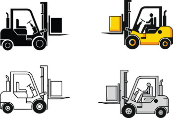Set of stylized forklift illustrations in varied graphic styles and colors