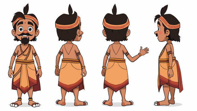 A cartoon illustration of a young man from ancient times, depicted from multiple angles, showcasing his traditional attire, facial features, and hairstyle