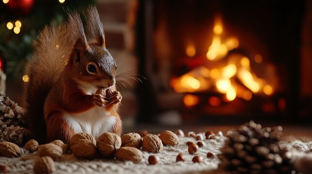 Christmas squirrel nibbling on nuts by a cozy fireplace .