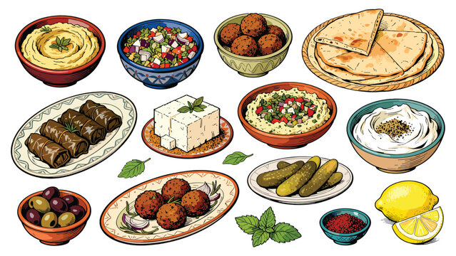 Middle Eastern food illustration. Various traditional dishes. Falafel, hummus, shawarma, tabbouleh. Mediterranean cuisine. Flat vector design on white background. Food icons. Oriental meal.