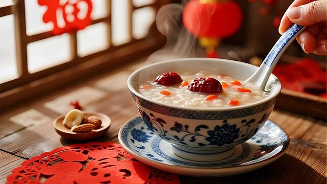 Traditional Chinese sweet dessert soup with red dates and goji berries. warm, happy, festive porridge for cozy winter comfort