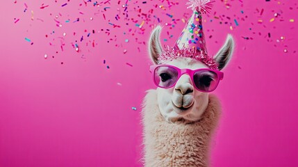 Fototapeta premium A cheerful llama with pink sunglasses on a vibrant pink backdrop, wearing a festive party hat with confetti. .
