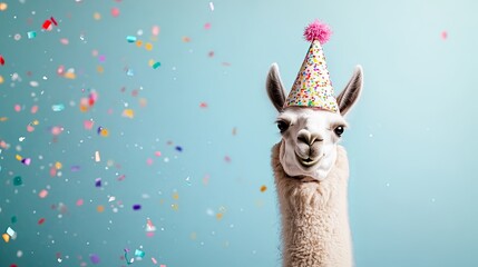 Fototapeta premium A llama sporting a party hat decorated with confetti, posing with a playful expression. .