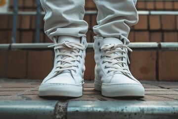 Close up of a man's feet wearing fashionable white high top sneakers while standing on steps