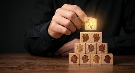 Hand placing glowing lightbulb block on top of head-icon wooden stack: Symbol of team innovation inspiration, leadership enlightenment, and talent strategy upgrade. Wooden blocks + glowing bulb elemen