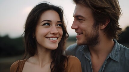 A young couple smiles warmly at each other outdoors during dusk sharing a moment of joy and affection