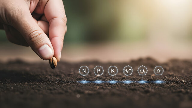 Farmer carefully plants seed near glowing digital icons representing essential plant nutrients and elements