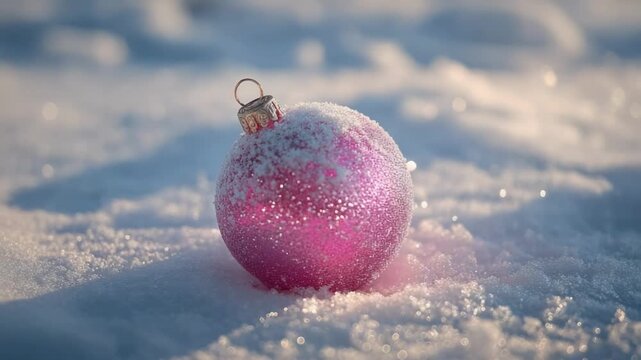 A pink Christmas ornament resting on snow in the sunlight.