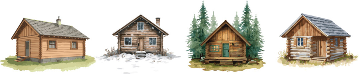 Watercolor set vector of a wooden cabin, isolated on a white background. Wooden cabin illustration.