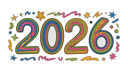 Colorful New Year 2026: The New Year's countdown to 2026, decorated with whimsical designs and vibrant colors, is an uplifting greeting.