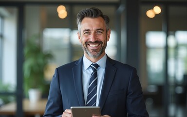 Happy middle aged business man. Ceo wearing suit standing in office. Man using digital tablet. High quality