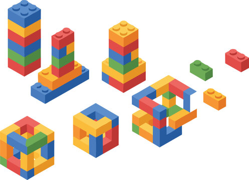 Isometric Collection of Colorful Plastic Toy Building Blocks: Creative Structures, Towers, and Cubes for Childhood Play, Education, Construction, and Problem Solving Concept