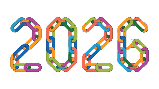 Colorful 2026 Typography: An abstract, interconnected chain design forms the numerals, symbolizing unity and interconnectedness. Bold typography representing new years goals 
