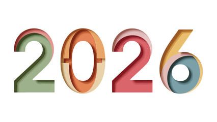 2026: A visual representation of the year 2026, composed of multi-layered, colorful cut-out numbers. Ideal for illustrating future events, goals, or projections.