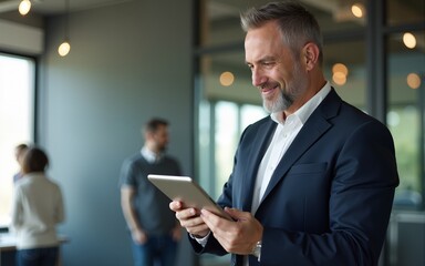Happy middle aged business man ceo wearing suit standing in office using digital tablet. Smiling mature businessman professional executive manager looking away. Generative AI. High quality