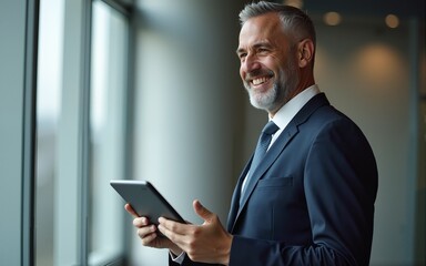 Happy middle aged business man ceo wearing suit standing in office using digital tablet. Smiling mature businessman professional executive manager looking away. Generative AI. High quality