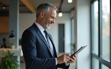 Happy middle aged business man ceo wearing suit standing in office using digital tablet. Smiling mature businessman professional executive manager looking away thinking working on tech device.