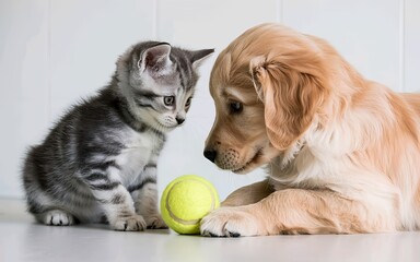 Grey Cat and Labrador Puppy Focused on Play