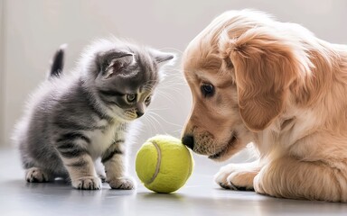 Curious Cat and Puppy Watching a Tennis Ball