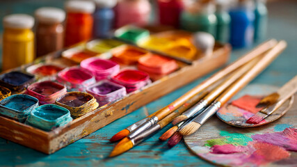 Fototapeta premium A vibrant collection of art supplies, including a watercolor palette, various paintbrushes, and bottles of paint, arranged on a textured blue surface